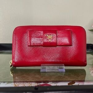 Prada Red Saffiano Bow Zip-Around Wallet with Gold Logo